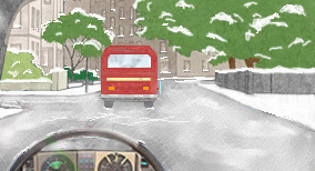 Alert driving and consideration for other road user - What should the driver allow for when following the bus on an icy road?