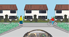 A driver wants to pull out of a driveway and turn right onto the road. At the same time a cyclist is approaching from the right and a pedestrian wants to cross. Who must wait? - A driver wants to pull out of a driveway and turn right onto the road. At the same time a cyclist is approaching from the right and a pedestrian wants to cross. Who must wait?