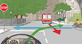 Alert driving and consideration for other road user - The driver intends to turn right at this junction - what should the driver do?