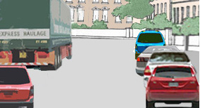 Alert driving and consideration for other road user - When driving on this one-way street with vehicles parked on both sides, what should a driver be prepared for?