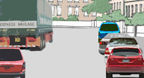 Alert driving and consideration for other road user - When driving on this one-way street with vehicles parked on both sides, what should a driver be prepared for?