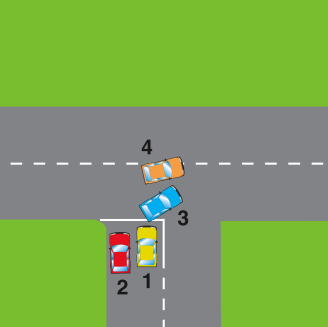 Alert driving and consideration for other road user - Which vehicle is in the correct position to make a right turn from a minor road onto a major road?